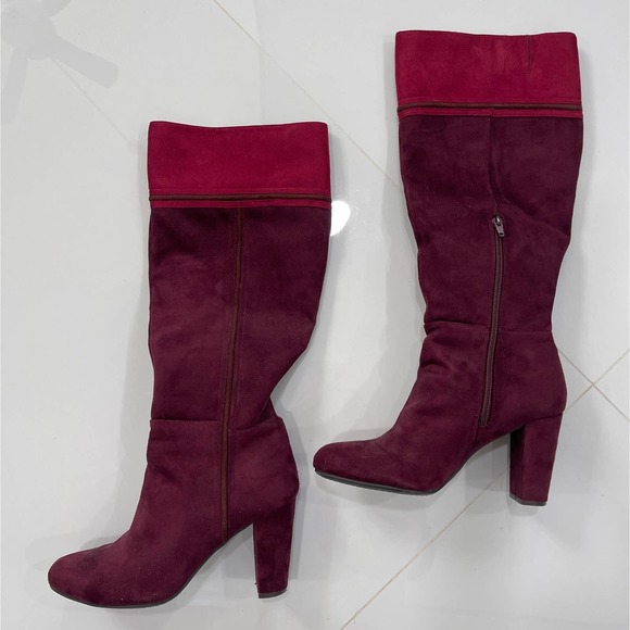 Rialto Red Cordelia Patchwork Boots Zipper Suede High Heel Knee High Almond 8M 8 - Picture 9 of 9